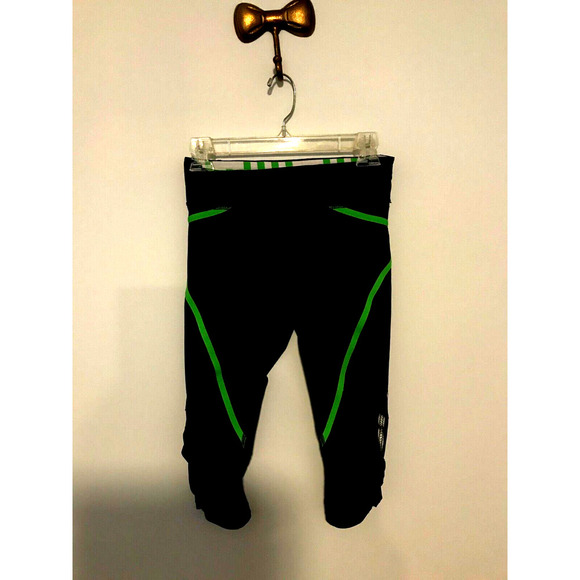 Lululemon Run Pace Crop Black Green Ocean Stripe Zip Back Pocket Leggings - 4 - Picture 1 of 12